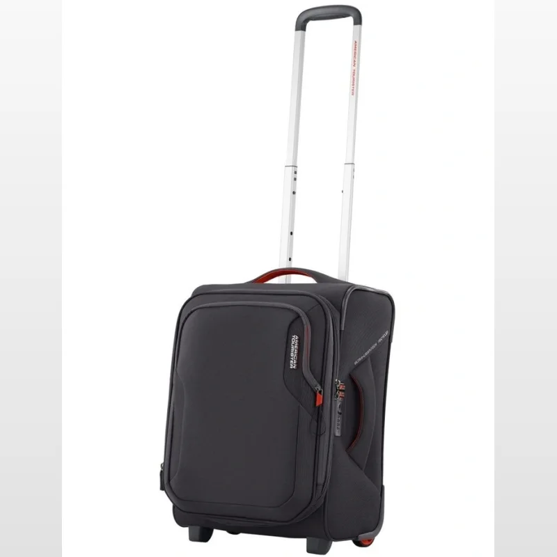 A grey American Tourister Applite 5 50cm upright carry-on suitcase with a telescopic handle and red accents.