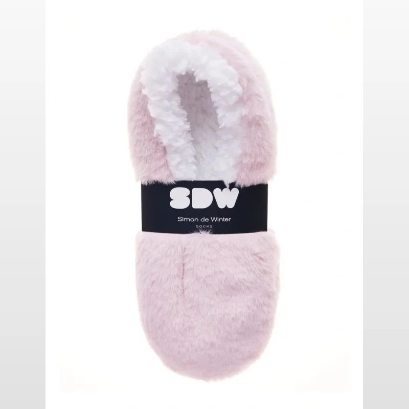 A pair of dusty blush pink fluffy slipper socks with a white sherpa lining, presented on a white background with a black branded tag.