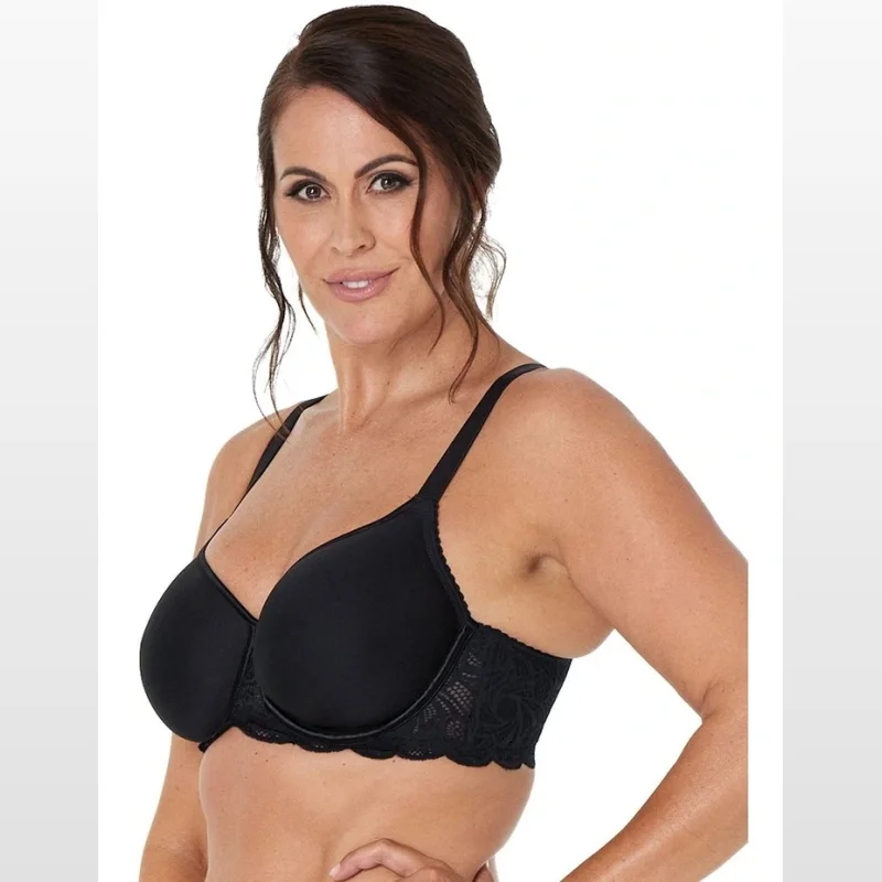 Woman wearing a black lace perfect contour bra with full coverage cups and lace detailing on the band.