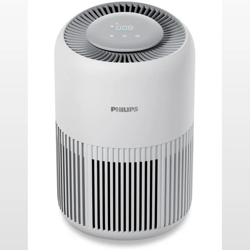 Philips PureProtect Mini 900 Series Smart Air Purifier AC0950/10 in white, showing its cylindrical design with a grey top display and white ribbed base.