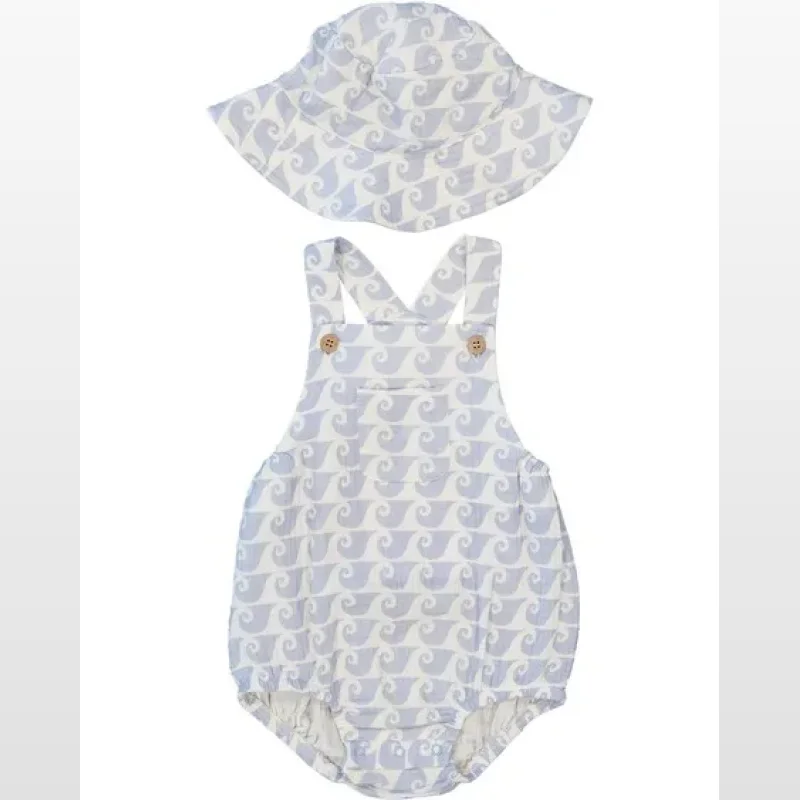 Light blue baby sunsuit and matching bucket hat set with a wave or whale pattern.