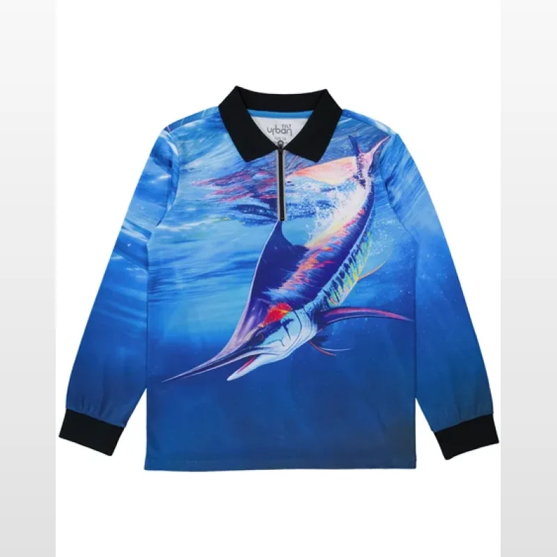 Youth long sleeve fishing shirt with a UPF50+ rating, featuring a vibrant print of a marlin swimming underwater in shades of blue.