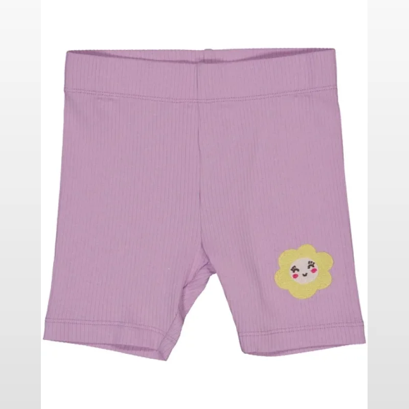 Light purple ribbed toddler girl bike shorts with a yellow embroidered flower detail on the right leg.