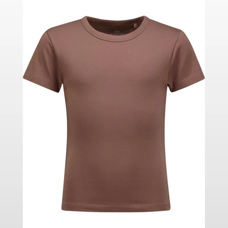 A medium brown, short-sleeved fitted t-shirt for girls.