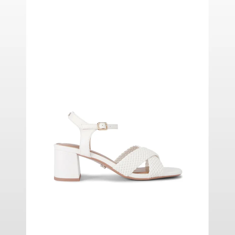 White Carvela Krypton Weave Block Heel sandals with a woven strap across the foot and an ankle strap with a gold buckle.