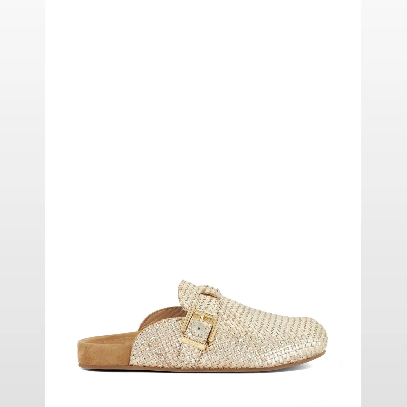 A single Dune London gold woven leather slip-on mule with a gold buckle detail and an open back, presented on a white background.
