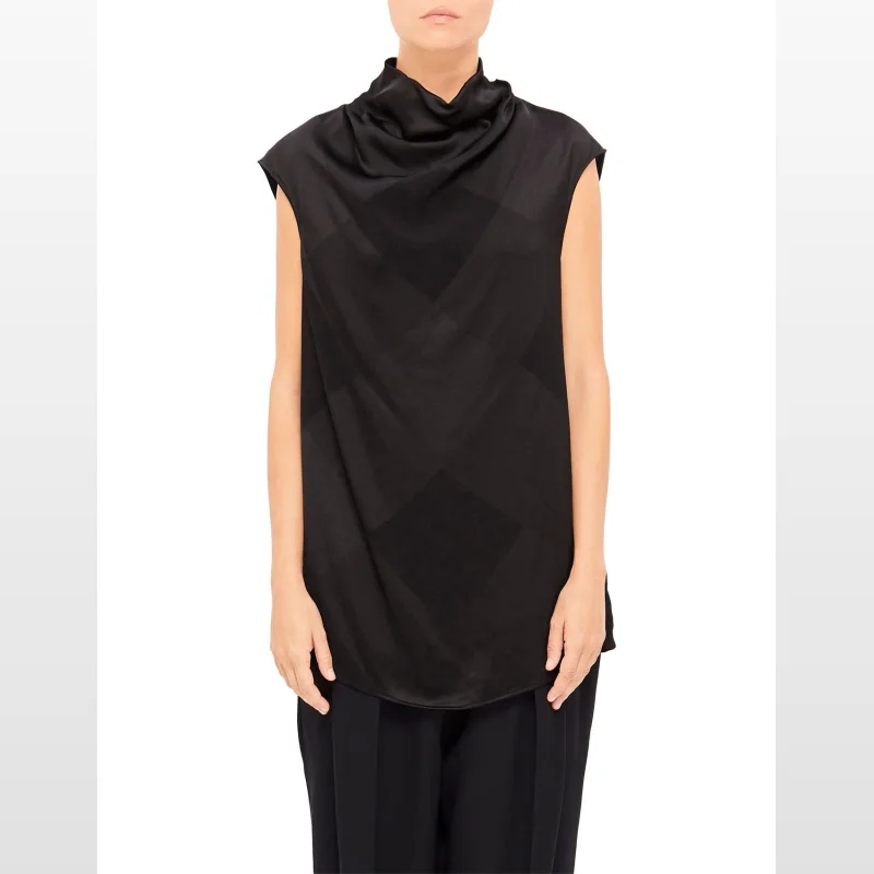 Black sleeveless Balmain blouse with a draped cowl neck and a subtle geometric jacquard pattern.