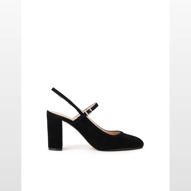 Black suede slingback pump with a block heel and adjustable ankle strap.