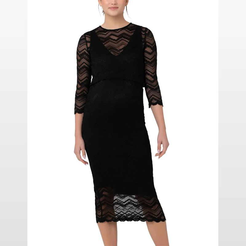A woman wearing a black RIPE MATERNITY Eve Lace Nursing Dress with long sleeves and a fitted skirt.