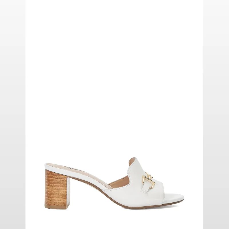 White Dune London Joanne mule heeled sandal with a gold snaffle detail and a stacked block heel, shown from the side.