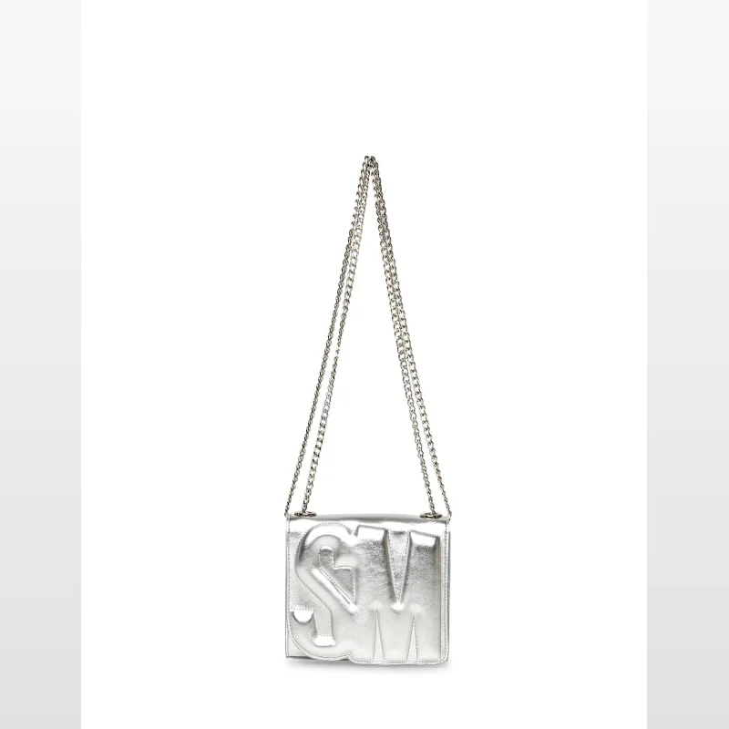 Silver Steve Madden BZoie crossbody bag with a chain strap and embossed 'SM' logo.