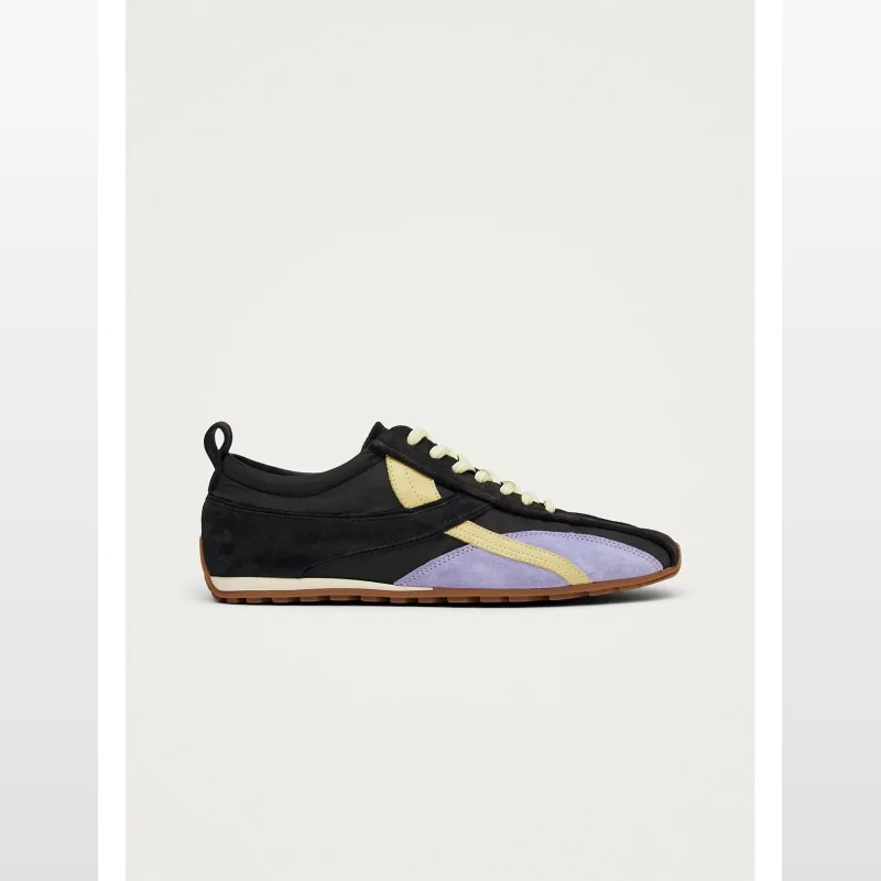Side view of ALOHAS TB.304 sneakers featuring a brown nylon base with lilac and soft yellow suede and leather accents, and light yellow laces.