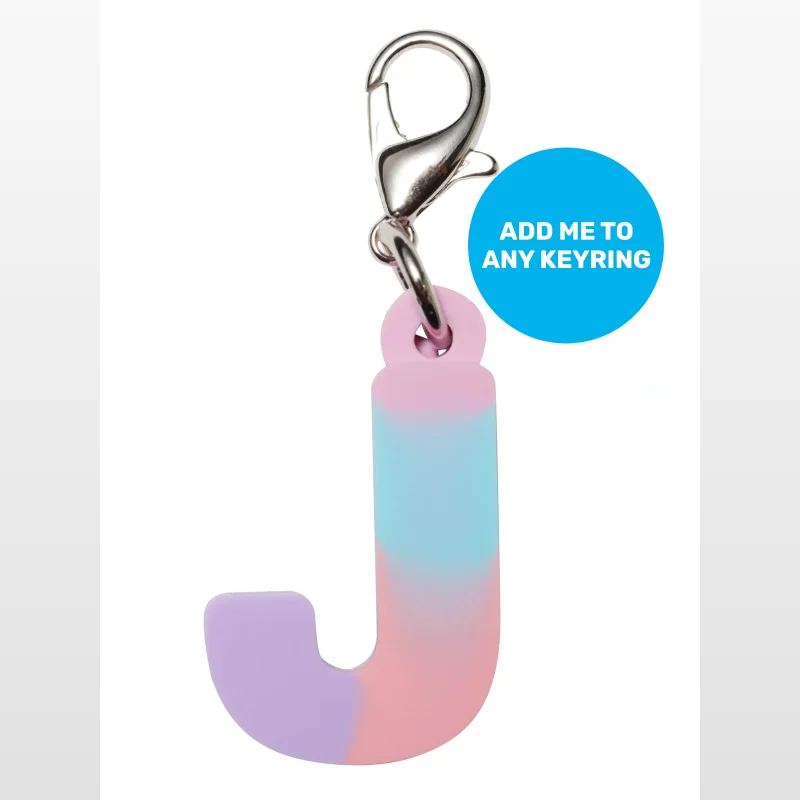 A pastel coloured 'J' shaped keyring charm with a silver clip. The charm is a gradient of purple, pink, and blue and has a scented feature.