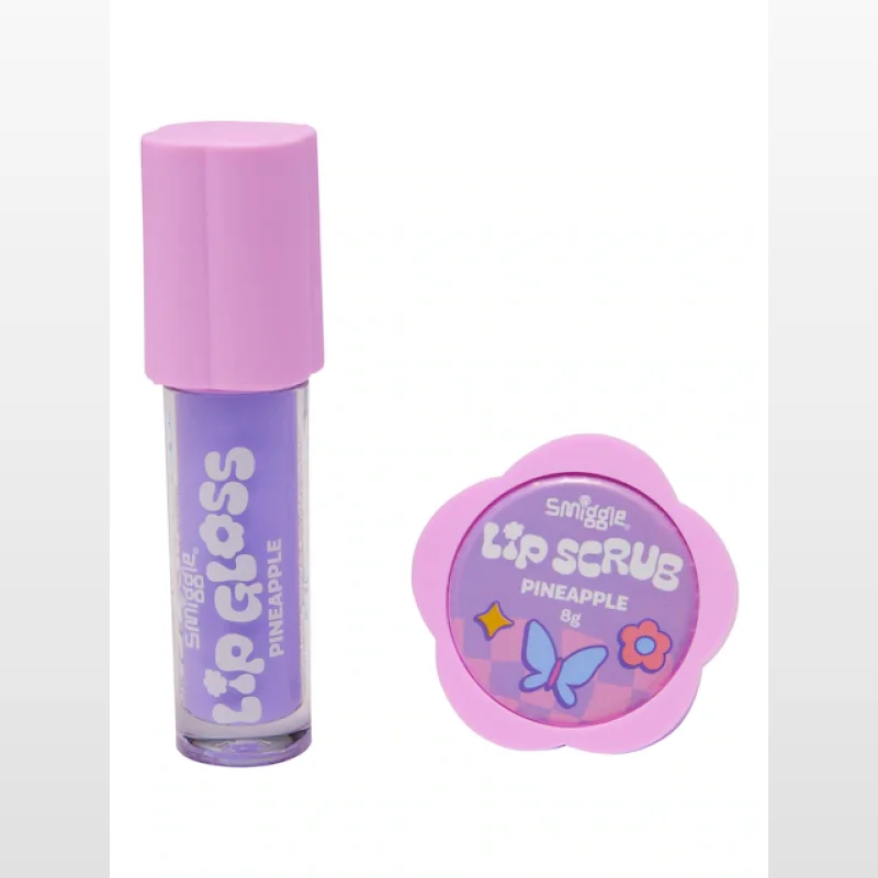 Smiggle Lip Duo Gift Pack featuring a purple lip gloss bottle with a pink cap and a pink flower-shaped lip scrub pot with a butterfly design.
