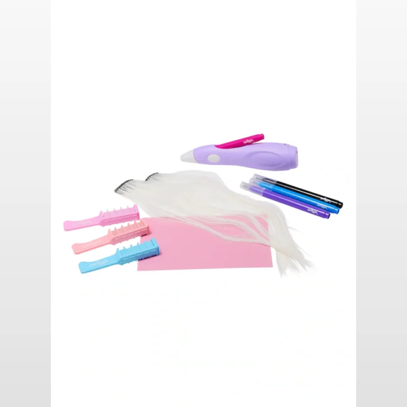 Smiggle Hair & Body Airbrush Gift Pack includes a purple cordless airbrush, pink and blue hair chalk combs, white clip-in hair extensions, markers, and a pink stencil sheet.