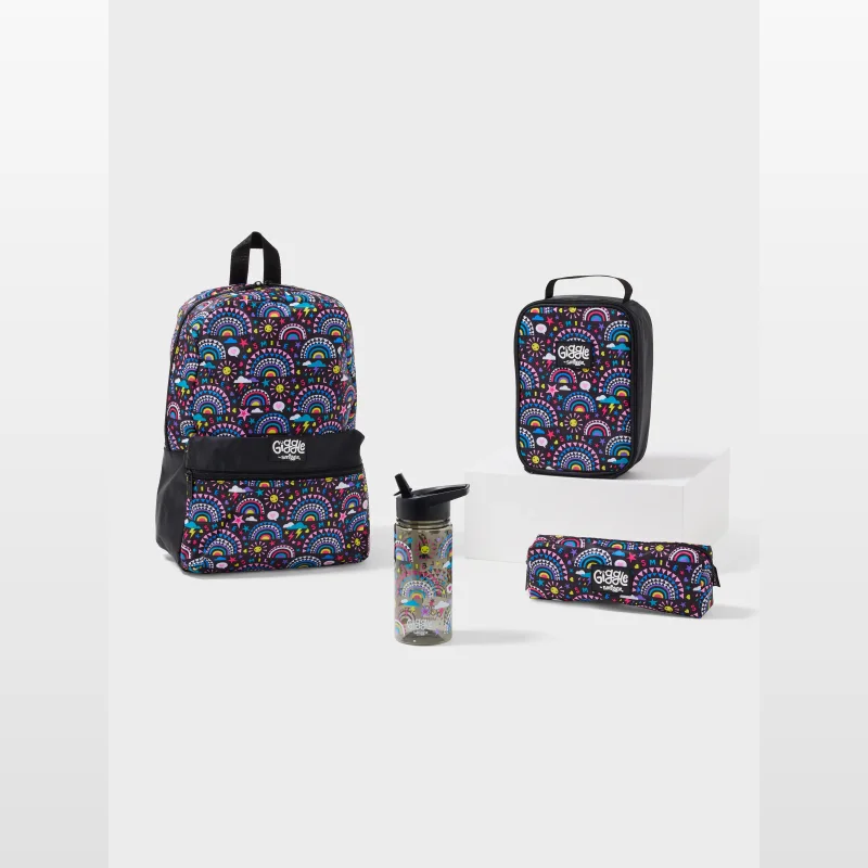 A four-piece Giggle by Smiggle bundle featuring a backpack, lunchbox, drink bottle, and pencil case, all with a colourful rainbow and sun print on a black background.