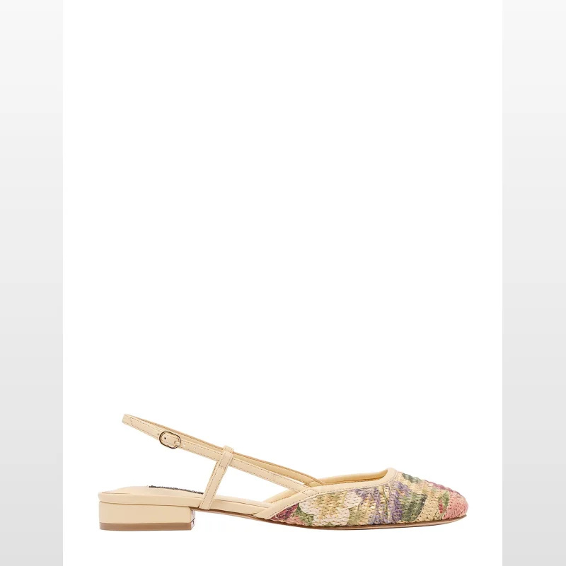 NINE WEST Socio Flat slingback shoes in a light tan colour with a square toe and a woven floral print detail on the vamp. Features a low block heel and an adjustable ankle strap.