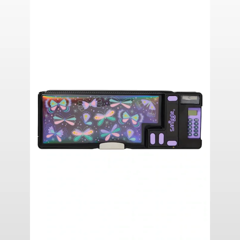 A black Smiggle pop-out pencil case with a holographic front featuring butterfly designs, a built-in calculator, sharpener, and multiple compartments.
