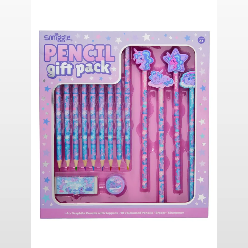 Smiggle Pencil Gift Pack featuring purple and pink packaging with unicorn and star designs. Contains graphite pencils with unicorn toppers, coloured pencils, an eraser and a sharpener.