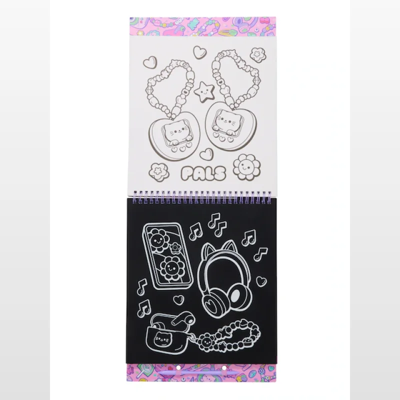 A Smiggle Super Charge Scratch Book open to show pages with line drawings of cute characters, including virtual pets, headphones, and a phone, on white and black backgrounds.