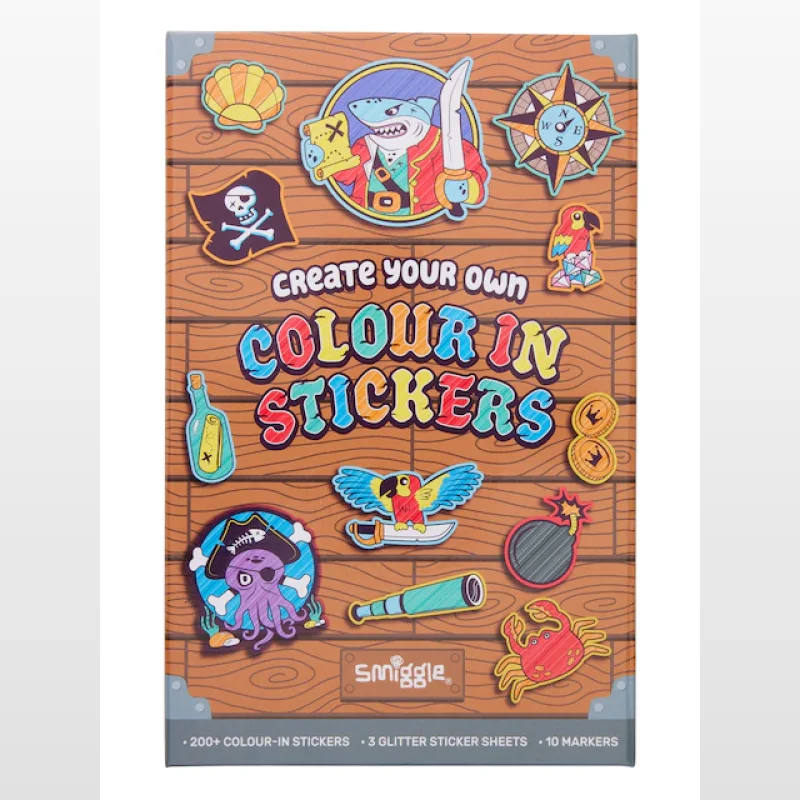 Smiggle Colour In Stickers Book Activity Box featuring pirate-themed designs like a shark, octopus, parrot, and treasure map, with the text 'Create Your Own Colour In Stickers'.