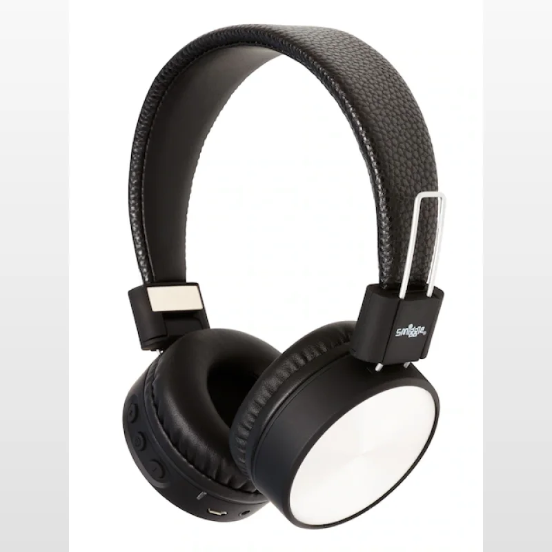Black Smiggle Shine wireless headphones with a textured leather-look headband and a large white circular earcup.