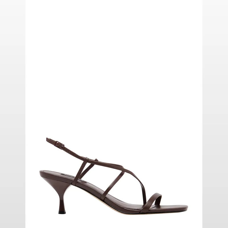 A brown Nine West Haya Heeled Sandal with delicate straps across the foot and around the heel, featuring a square open toe and a flared mid-height heel.