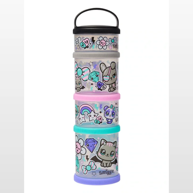A stack of four Smiggle Trailblazer snack containers with colourful cartoon graphics of animals, flowers, and stars.
