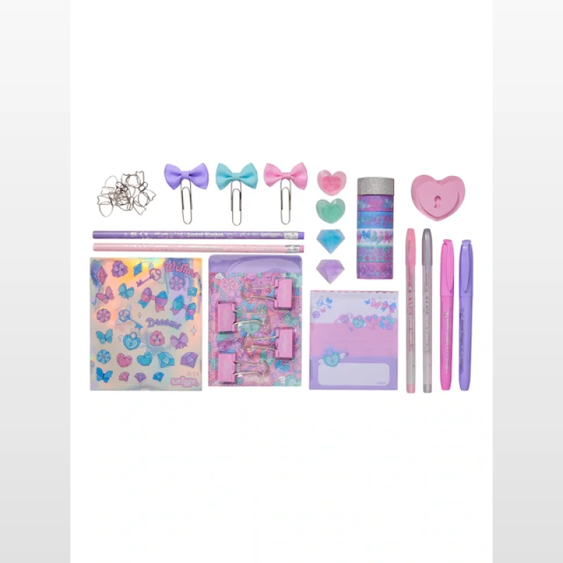 A Smiggle Charm Stationery Gift Box containing various stationery items including glitter pens, highlighters, notepads, sticker sheets, washi tape, paper clips, and erasers in pastel colours.