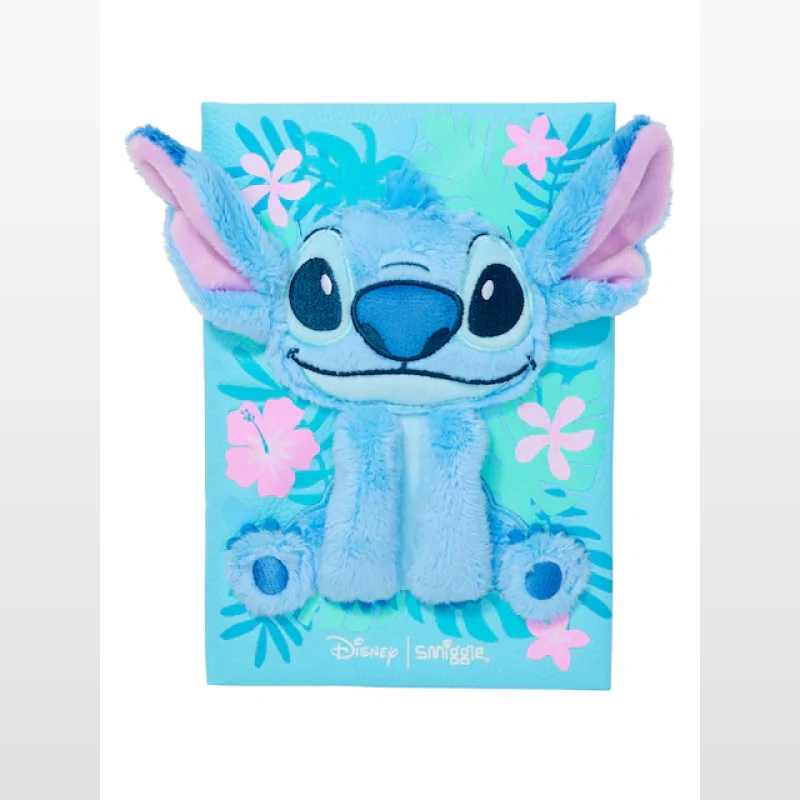 A blue A5 notebook featuring a fluffy Stitch character with 3D ears and pink flowers on a tropical background.