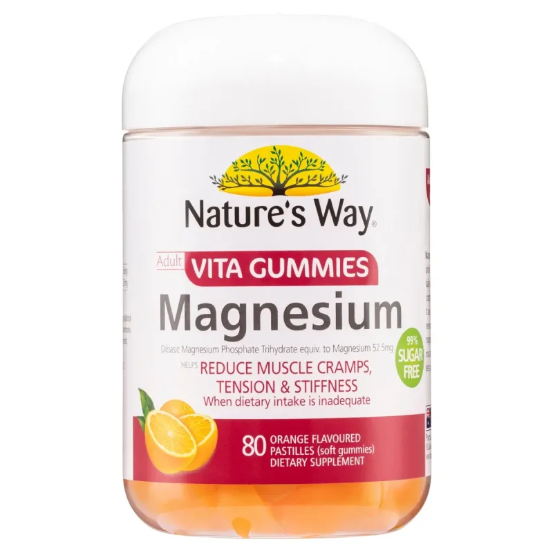 Bottle of Nature's Way Adult Vita Gummies Magnesium, featuring orange slices and text highlighting muscle cramp relief and 99% sugar-free.