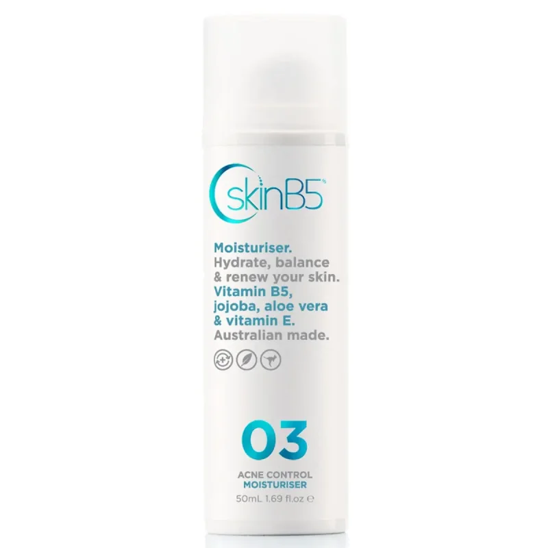SkinB5 Acne Control Moisturiser 50ml bottle, featuring the brand logo and product details including key ingredients and Australian made.