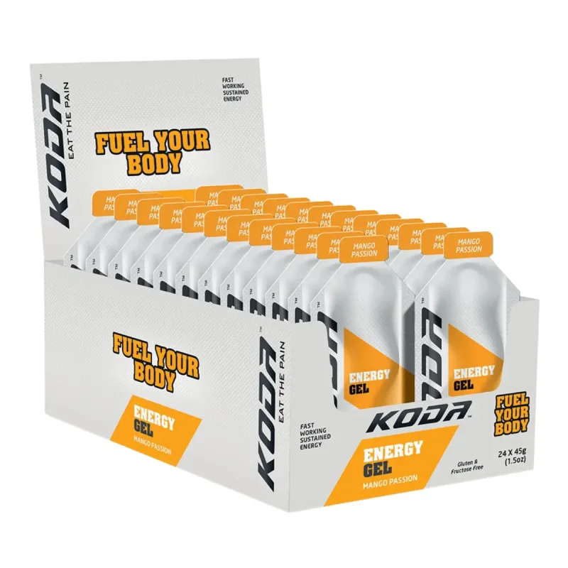 Box of 24 Koda Energy Gels in Mango Passion flavour, each 45g, with 'Fuel Your Body' branding.
