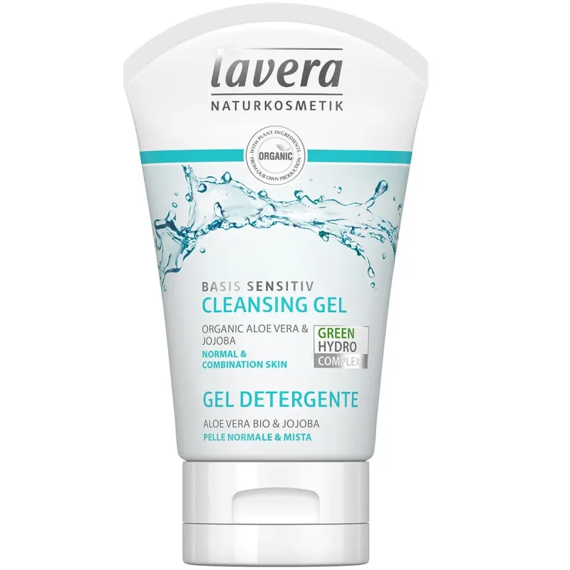 Lavera Basis Sensitiv Cleansing Gel 125ml tube with water splash graphics, featuring organic ingredients and suitable for normal to combination skin.