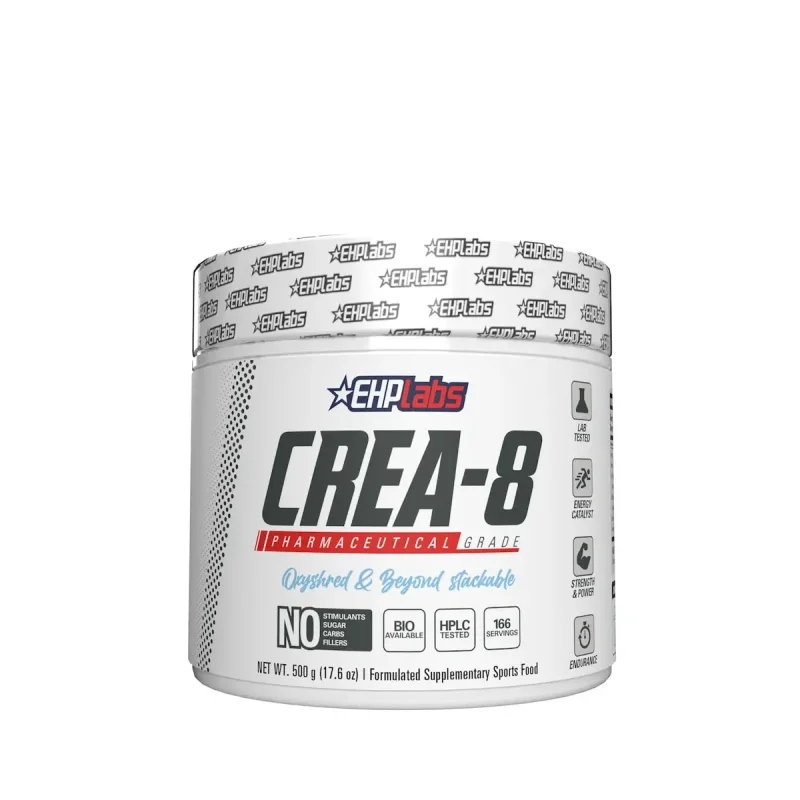 White tub of EHPlabs Crea-8 Pure Creatine Monohydrate 500g, featuring the product name prominently and icons for lab tested, energy catalyst, strength & power, and endurance.