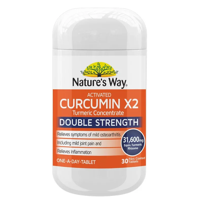 Bottle of Nature's Way Activated Curcumin X2 Turmeric Concentrate, a double strength supplement for osteoarthritis relief, containing 30 film-coated tablets.