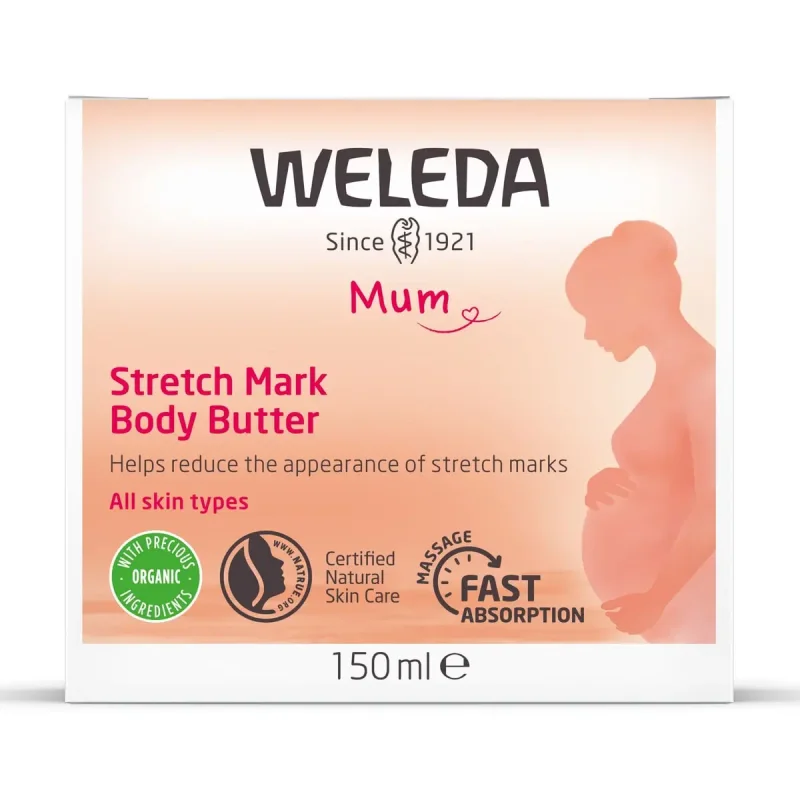 Weleda Stretch Mark Body Butter 150ml packaging, featuring a silhouette of a pregnant woman and text highlighting 'Stretch Mark Body Butter', 'Helps reduce the appearance of stretch marks', 'All skin types', 'Certified Natural Skin Care', and 'Fast Absorp