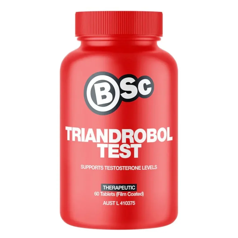 Red bottle of BSc Triandrobol Test tablets, featuring the BSC logo and text indicating it supports testosterone levels.