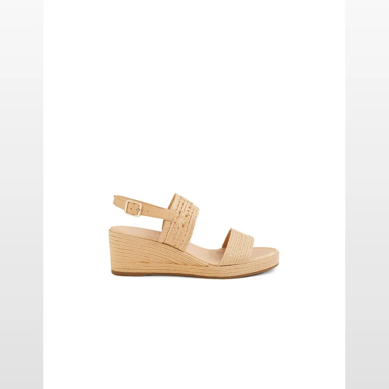 A pair of Marni Natural Raffia Wedge Sandals by Midas, featuring a woven raffia upper, low wedge heel, and an adjustable ankle strap in a neutral beige tone.