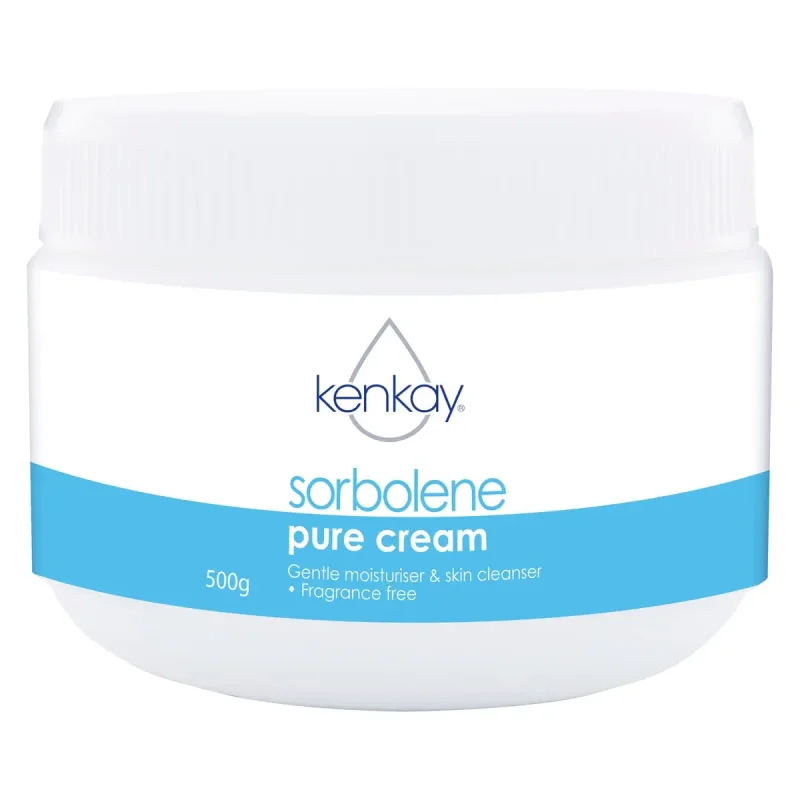White jar of Kenkay Sorbolene Pure Cream with a blue band, labelled 500g, 'sorbolene pure cream', 'gentle moisturiser & skin cleanser', and 'fragrance free'.