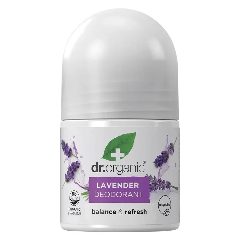 Dr Organic Lavender Deodorant Roll-on 50ml bottle with lavender sprigs and a green leaf logo.