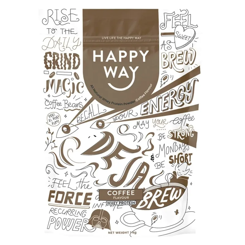 Bag of Happy Way Whey Protein Powder in Coffee Flavour, featuring a brown and white design with coffee-themed illustrations and text.