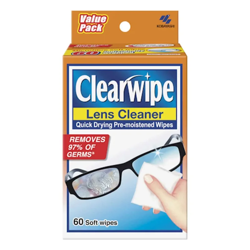 Box of Clearwipe Lens Cleaner wipes, showing a hand cleaning a pair of glasses with a wipe, with text highlighting 'Removes 97% of Germs' and '60 Soft wipes'.