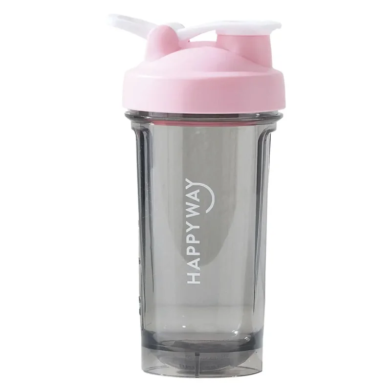Pink and grey Happy Way protein shaker bottle with a white lid and flip-top spout, capacity 500ml.