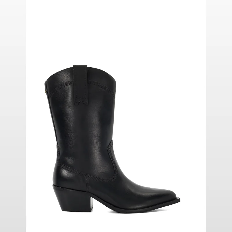 Black leather Dune London Placing western style boots with a pointed toe and low block heel, featuring pull tabs and a side zip.
