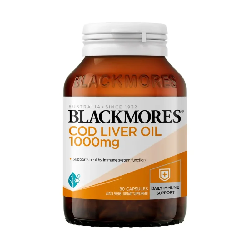 Bottle of Blackmores Cod Liver Oil 1000mg capsules, featuring the brand logo, product name, and claims of immune and digestive support.