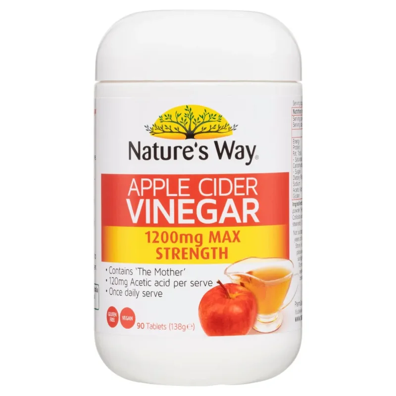 White bottle of Nature's Way Apple Cider Vinegar Max Strength 1200mg tablets, showing an apple and a jug of apple cider vinegar on the label.