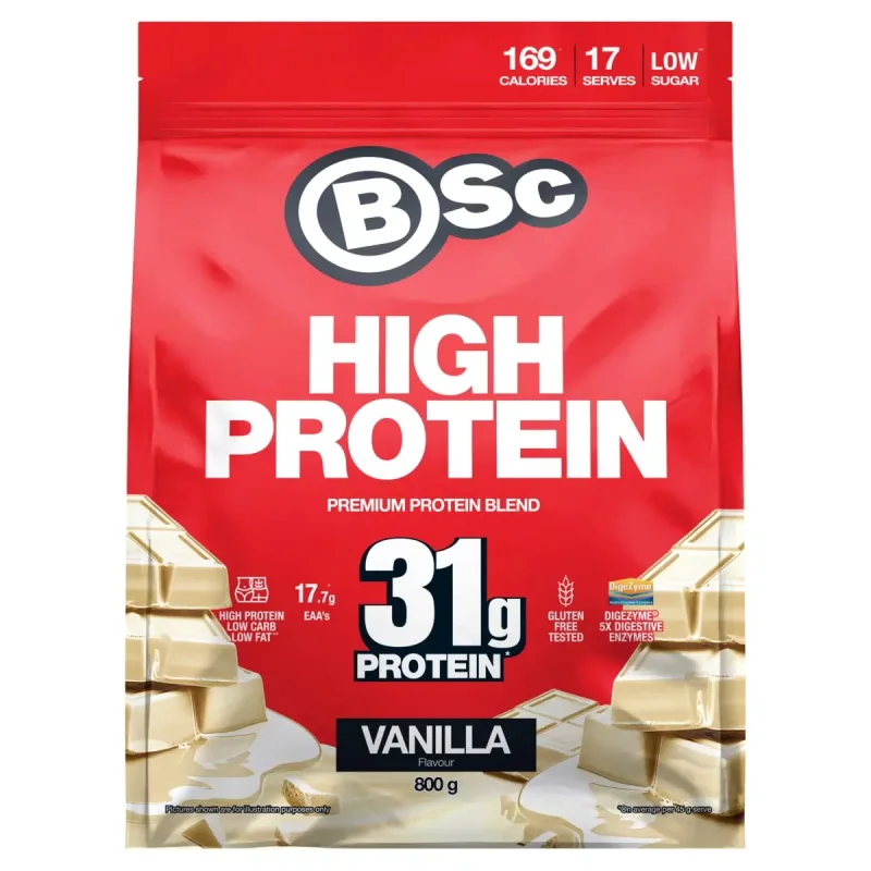 BSc High Protein Powder Vanilla 800g bag with white chocolate bar imagery.