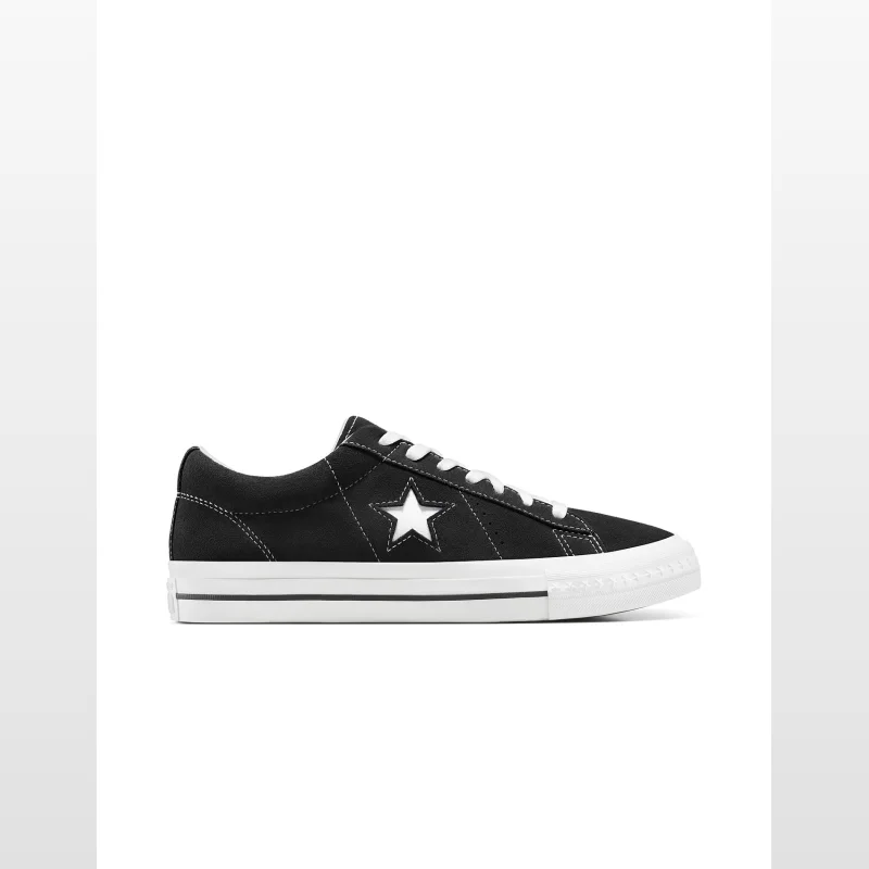 Black Converse Unisex One Star 95 Sneaker with a white star logo and white laces, shown from the side.