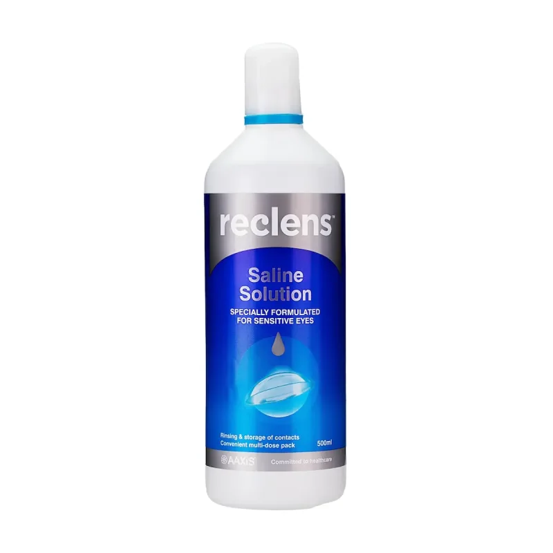 Bottle of Reclens Normal Saline Contact Lens Solution, 500ml, featuring the brand name 'reclens' and text indicating it's specially formulated for sensitive eyes.